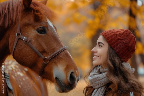 A beautiful smiling woman and a stallion look at each other and communicate with each other in the background of the autumn park. generative AI