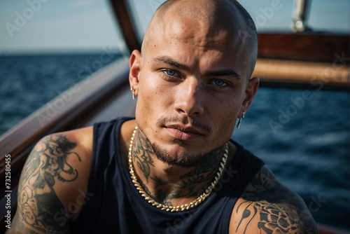 Hombre calvo con tatuajes.