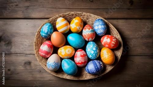 Easter eggs painted with colorful patterns on rustic wooden background for easter day created with generative ai