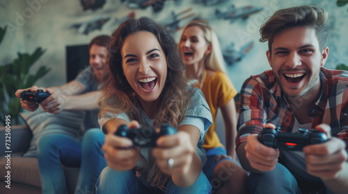 Fotografia Excited friends playing video games over console at home
