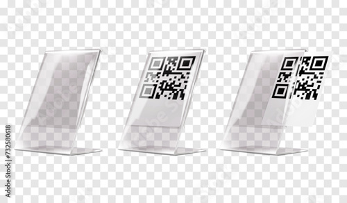 Plexi stand vector mock-up. Transparent L-shaped QR code holder mockup. Clear acrylic countertop information display template