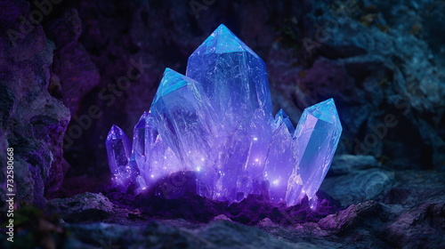 Magical fantasy crystal amethyst mystical glows from the inside natural blue crystal stone in the forest cave a gemstone, mos photo