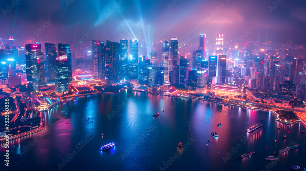 A panoramic view of a cityscape transformed into a kaleidoscope of lights and architecture, illustrating the dynamic dimensions of urban life and development.