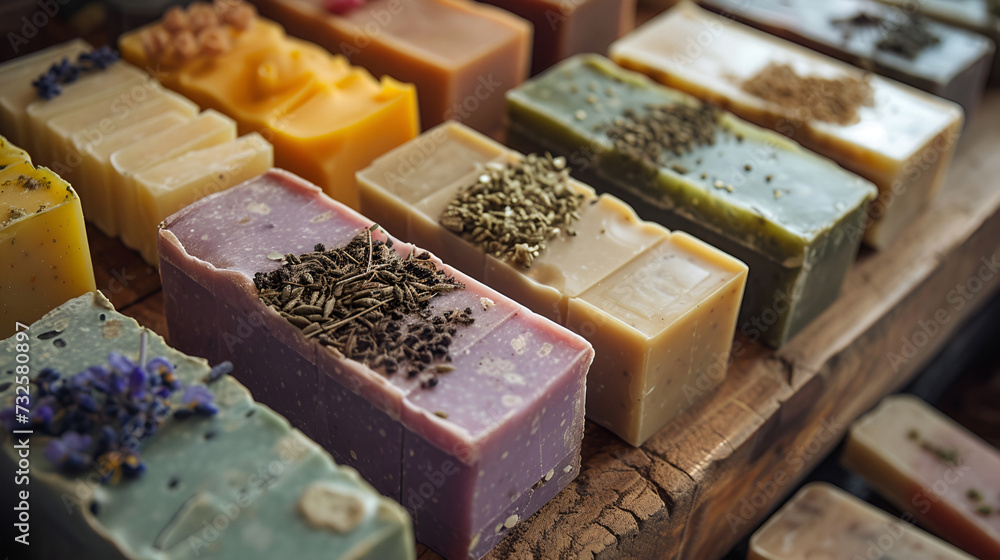 Organic bath soaps with lavender, mint, and chamomile toppings. Organic bath soaps with lavender, mint, and chamomile toppings.