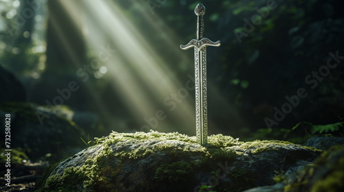 Sword King Arthur Excalibur in a stone in the forest, a ray of light reflected on the sword