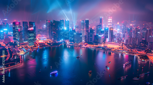 A panoramic view of a cityscape transformed into a kaleidoscope of lights and architecture  illustrating the dynamic dimensions of urban life and development.