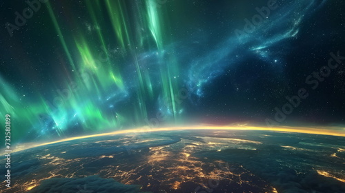 Panorama of orbit  on which the colorful lights of northern lights are visible  creating a magical heavenly sigh