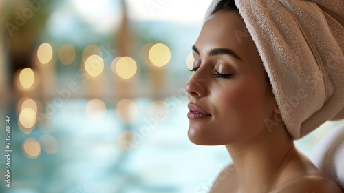 Woman in luxurious spa  towel on head  closeup portrait  relaxing massage session. Sense of tranquility and anticipation  soothing experience  spa environment