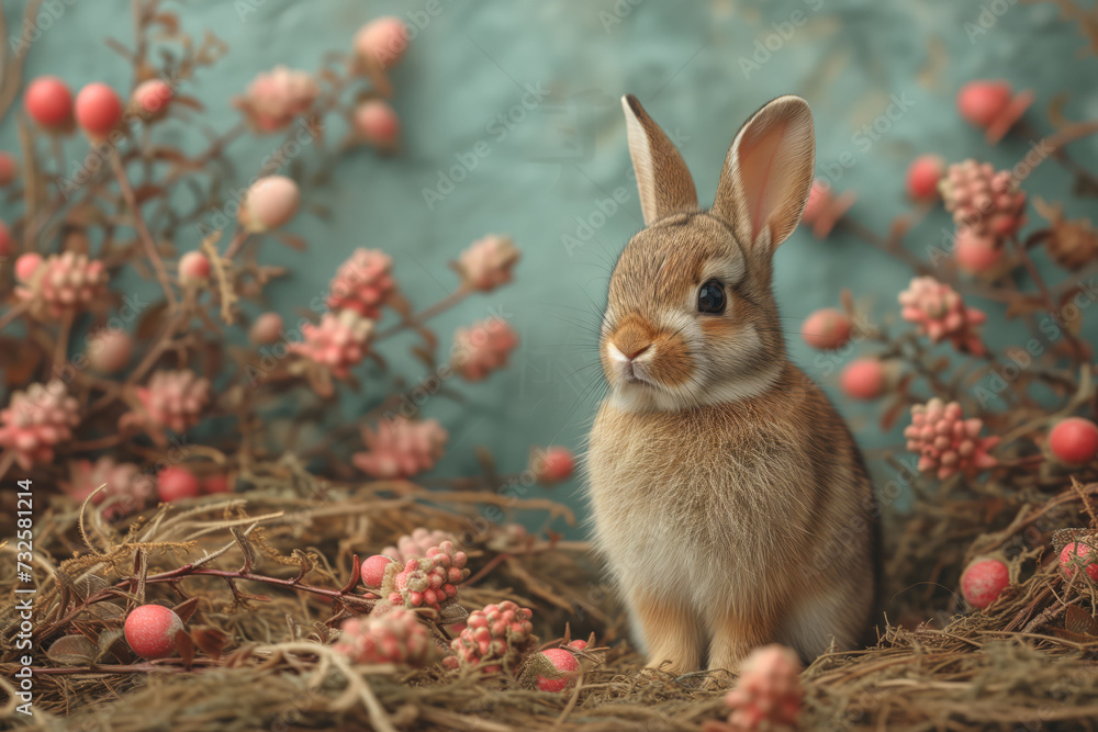 Spring's New Beginnings, a Brown Rabbit Nestled Amongst Easter's Speckled Flowers