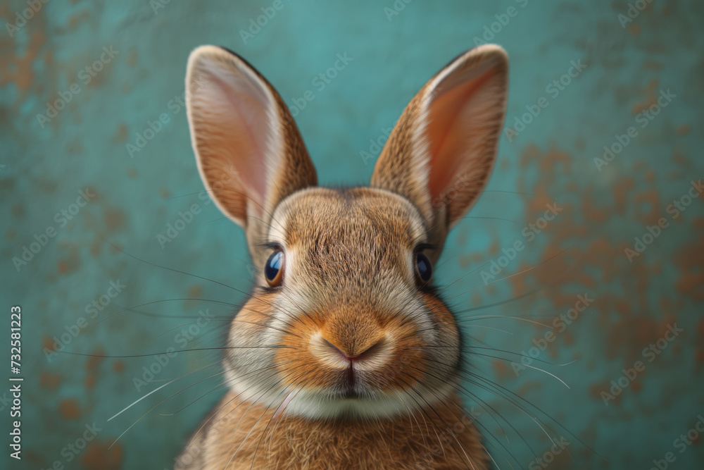 Wonderland with a mustache, a brown rabbit looks into the camera lens on a blue background, copy space