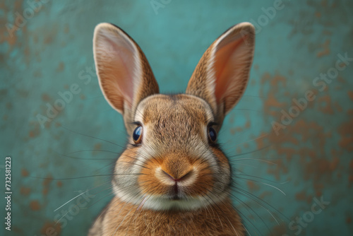 Wonderland with a mustache, a brown rabbit looks into the camera lens on a blue background, copy space © HelgaQ