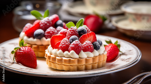 Delicious tartlets with berries and whipped cream on a wooden table