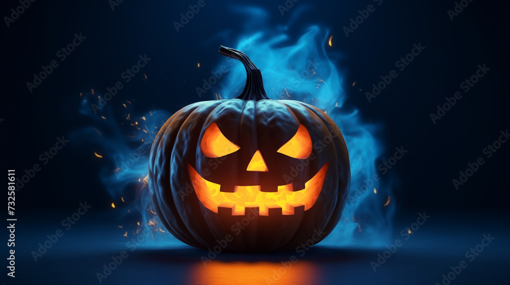 Scary Halloween pumpkin with glowing eyes and surrounded by smoke Scary Halloween pumpkin with glowing eyes and surrounded by smoke