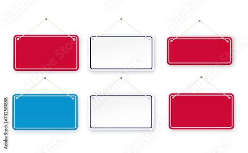 Red and blue shop door signs hanging isolated . Empty or blank sign for store, restaurant or cafe. Vector illustration