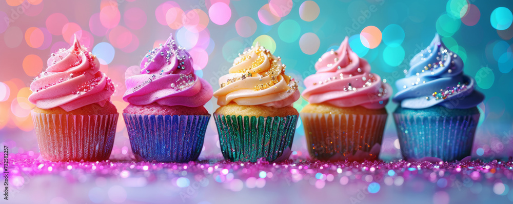 Enchanting Cupcakes with Colourful Icing and Sparkles.
A row of colourful cupcakes adorned with sparkles and set against a dreamy bokeh background.