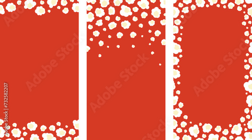 Pop corn frames poster set. Pop corn flakes vertical backgrounds. Blank place for text. Different size and shape of popped corn kernels. Social media template.