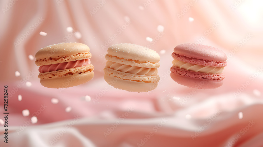 Three macarons in pink, orange on a pink gradient background. The macarons are in various positions, creating a dynamic feel to the image. Three macarons in pink, orange on a pink gradient background. The macarons are in various positions, creating a dynamic feel to the image.