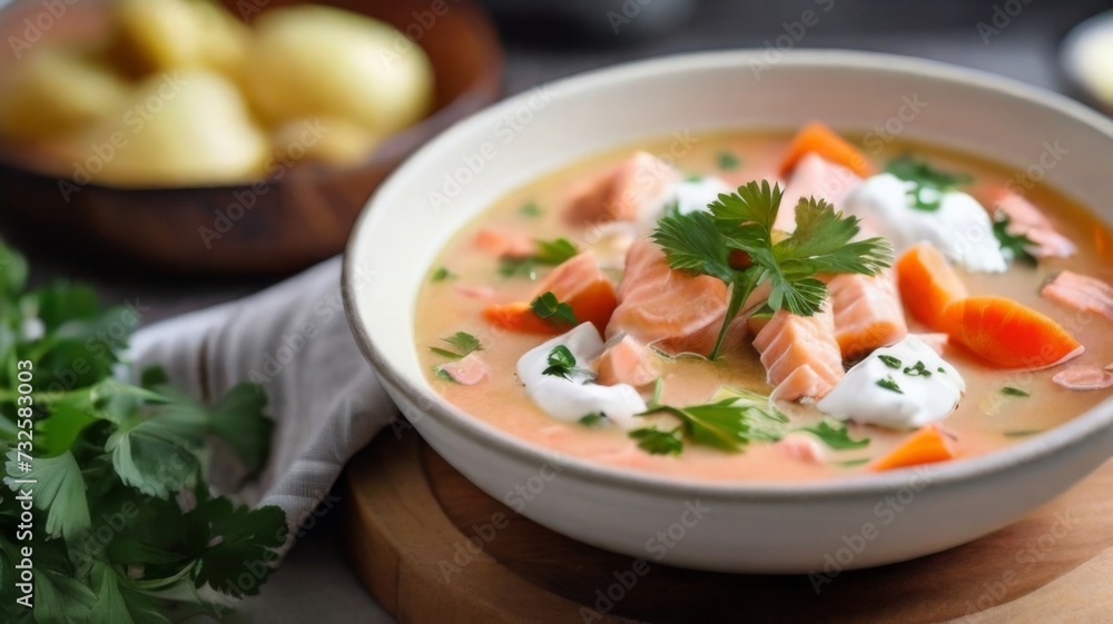 Flavorful bowl of Thai-inspired coconut salmon soup, infused with aromatic lemongrass Flavorful bowl of Thai-inspired coconut salmon soup, infused with aromatic lemongrass