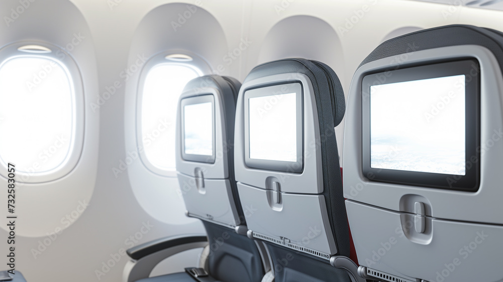 Fototapeta premium Airplane seats with blank LCD screen mockup device for entertainment to serve passenger on a plane trip