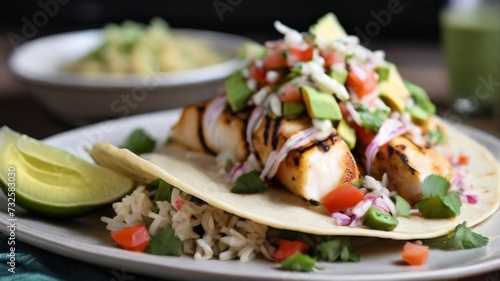 Delectable platter of fish tacos filled with grilled mahi-mahi, shredded cabbage
