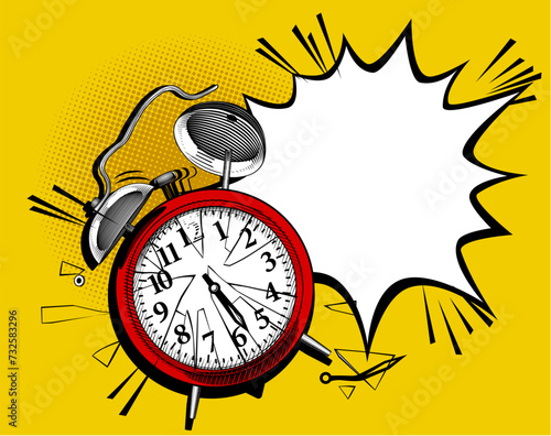 Black and white engraved drawing of red broken retro alarm clock and comic book Sound effect on dark yellow background. Vintage engraving stylized drawing. Vector Illustration