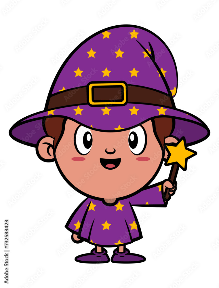 Cartoon illustration of little boy wearing merlin costume like a hat and cloak and carrying a star wand. Best for sticker, logo, and mascot with halloween themes