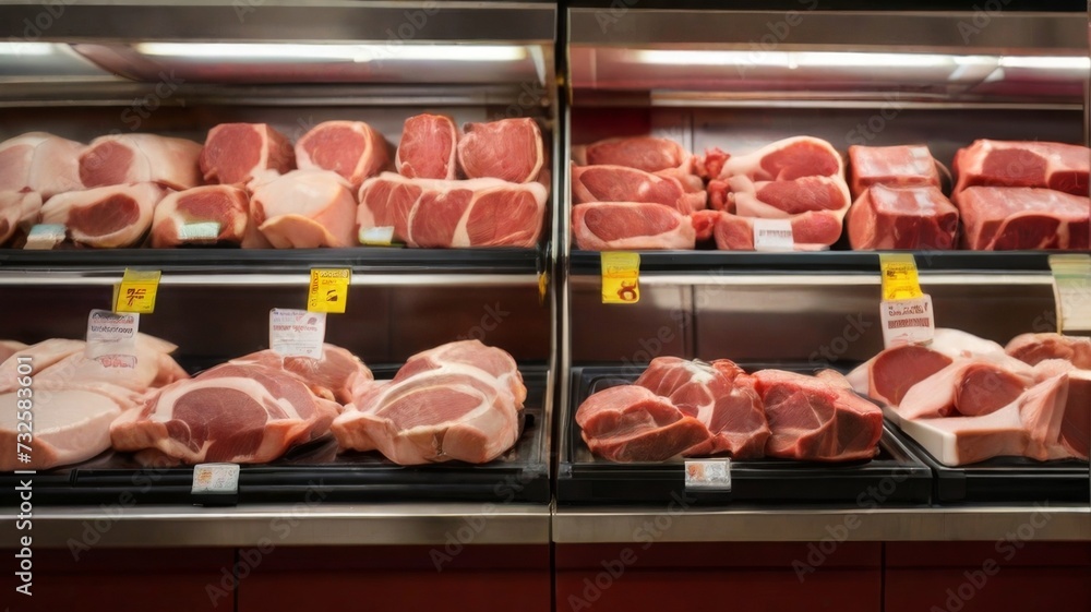Various cuts of meat, including steaks, roasts, and ground beef, neatly