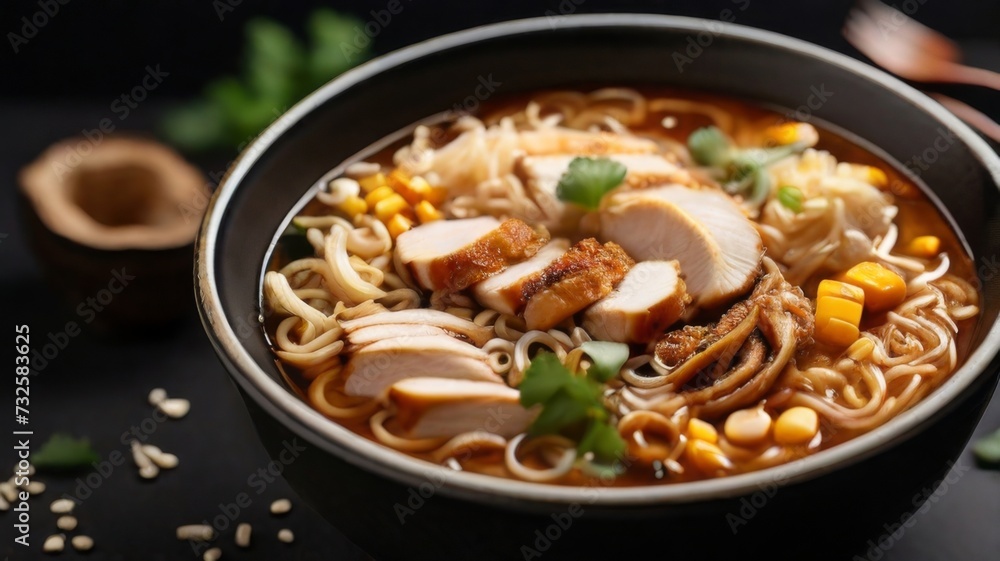 An appetizing bowl of spicy miso ramen soup, featuring curly ramen noodles swimming in a rich and hearty miso broth An appetizing bowl of spicy miso ramen soup, featuring curly ramen noodles swimming in a rich and hearty miso broth