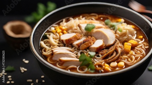 An appetizing bowl of spicy miso ramen soup, featuring curly ramen noodles swimming in a rich and hearty miso broth