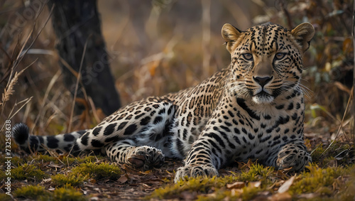 A close-up of a leopard reclining on the ground with front paws positioned, locking eyes with the camera.