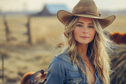 A portrait of a beautiful Caucasian cowgirl wearing a brown hat and denim jacket, her hair catching the golden hues of the expansive field behind her photo