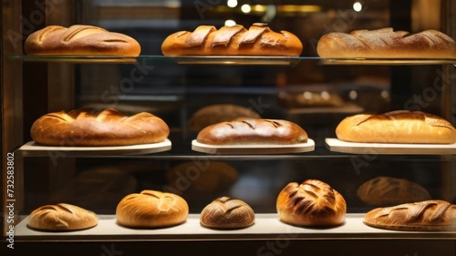 A bakery display filled with an array of freshly baked bread loaves