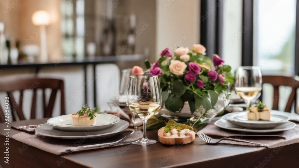 A beautifully set dining table with a delicious meal and glasses of wine