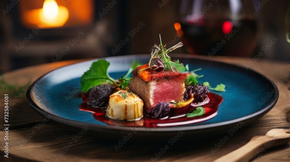 Mouthwatering dish from meat served with a glass of red wine on a rustic wooden table Mouthwatering dish from meat served with a glass of red wine on a rustic wooden table