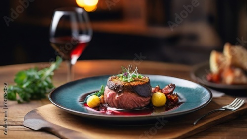 Mouthwatering dish from meat served with a glass of red wine on a rustic wooden table