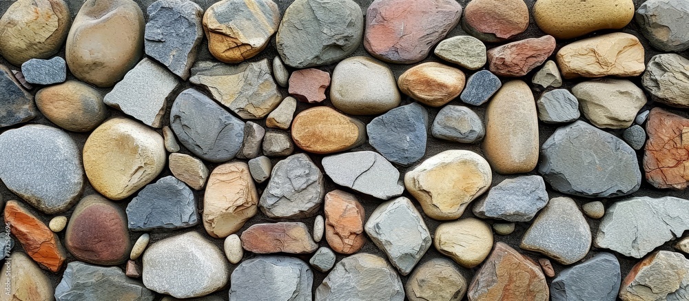 The wall comprises assorted rocks, such as cobblestone, bedrock, and various types of rock, serving as building material and showcasing natural artistry. The wall comprises assorted rocks, such as cobblestone, bedrock, and various types of rock, serving as building material and showcasing natural artistry.