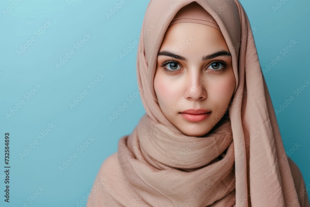 Asian muslim woman isolated blue background