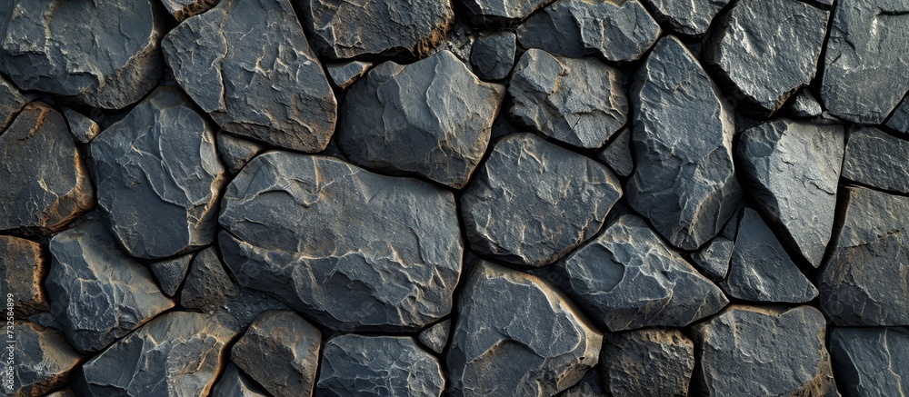 A detailed view of a stone wall crafted with large rocks showcasing the intricate pattern and texture of grey bedrock. A detailed view of a stone wall crafted with large rocks showcasing the intricate pattern and texture of grey bedrock.