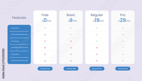 Comparison pricing list table