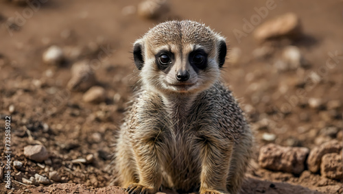 A close-up of a meerkat standing on its hind legs with its tiny front paws on the earth, peering at the camera.
