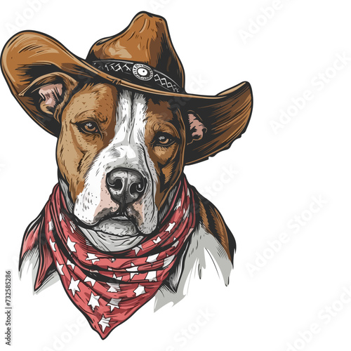 american pit bull Dog Head wearing cowboy hat and bandana around neck