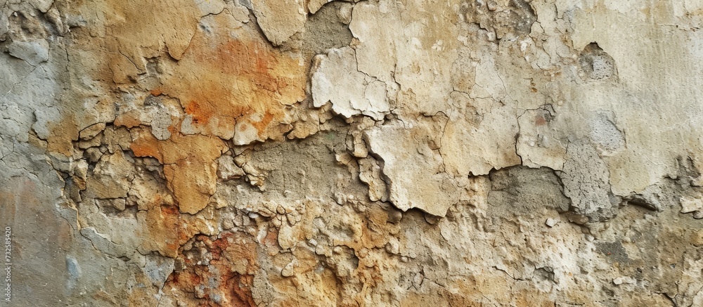 A detailed view of a beige concrete wall with peeling paint, revealing the bedrock pattern underneath. A detailed view of a beige concrete wall with peeling paint, revealing the bedrock pattern underneath.