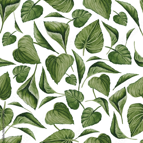 Watercolor spring green leaves seamless pattern. Flower illustration on white background. Floral pattern. © Hanna Hushko