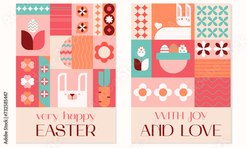 Happy Easter with joy and love geometric square bright flat greeting cards set. Easter eggs,rabbits,basket,eggs hunt.Vector illustration