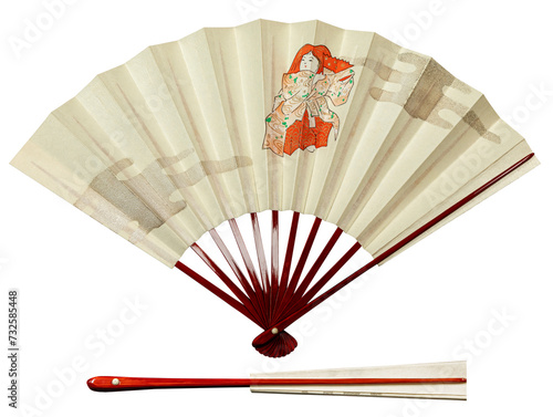 Japanese traditional vintage hand fan from paper and bamboo with red ornament, isolated on white