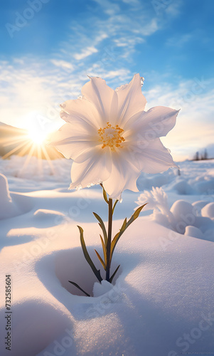  Narcissus flower in the snow. Sunny winter day. © Jovana Arandjelovic