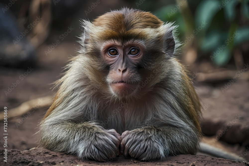 A close-up of a monkey sitting on the ground with its front paws reaching towards the earth, curiously looking at the camera.