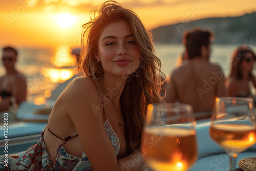 A smiling woman with friends on a yacht
