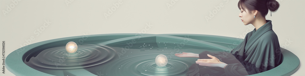 Panoramic banner; lone religious woman in sacred water with ripples. Dreamy oriental nun in surreal Zen style pool. Conceptual image of meditation and poetry. Emotional, atmospheric, dramatic image. 