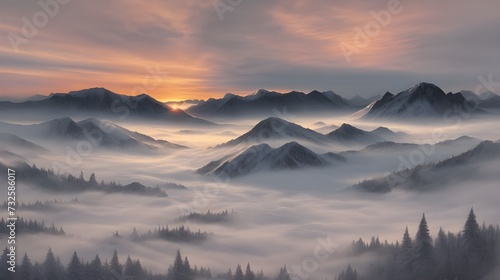 sunset sky mountains beautiful deep landscape fog © Stella